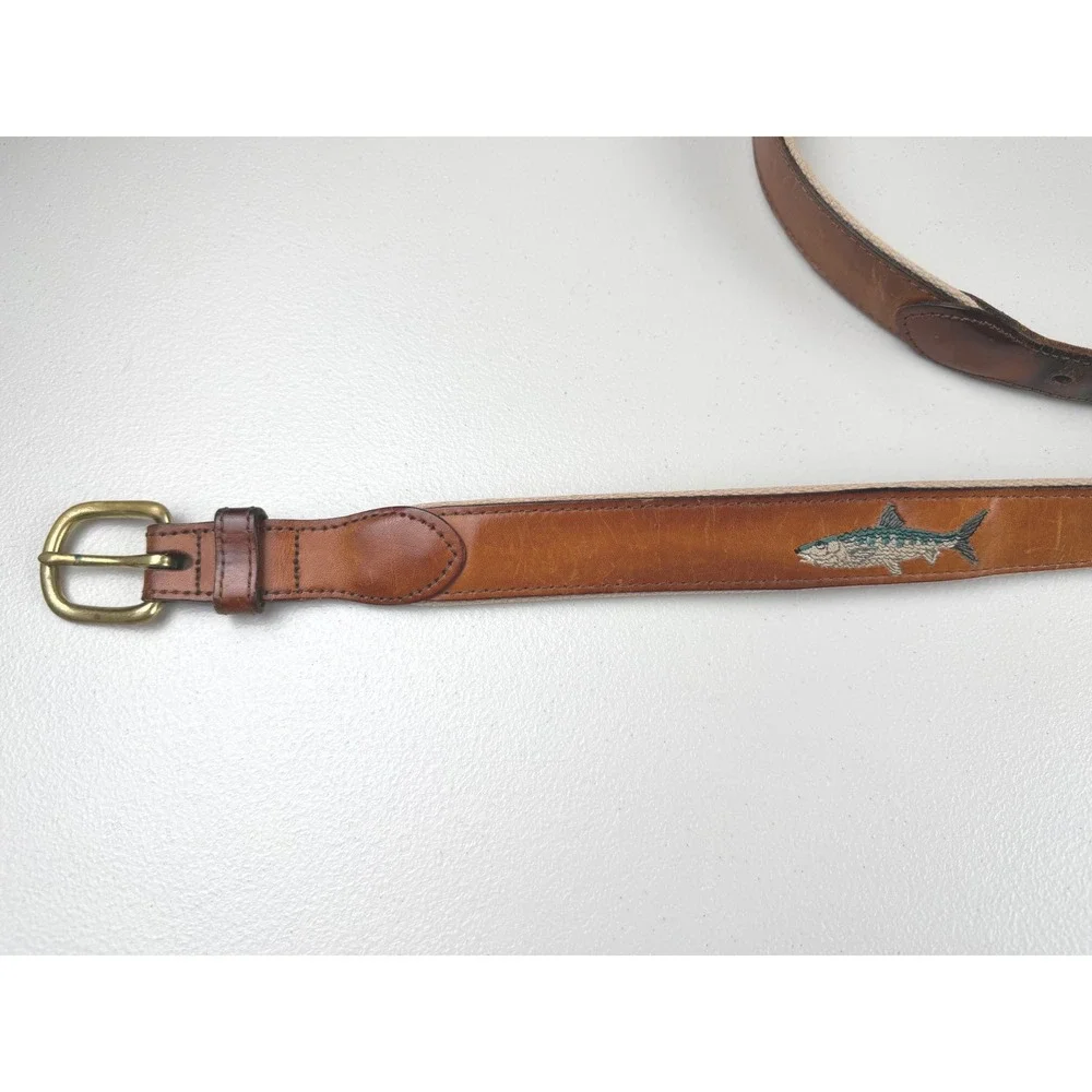 Orvis Mens Leather Canvas Belt Embroidered Tarpon Fish Brown Tan Size 38